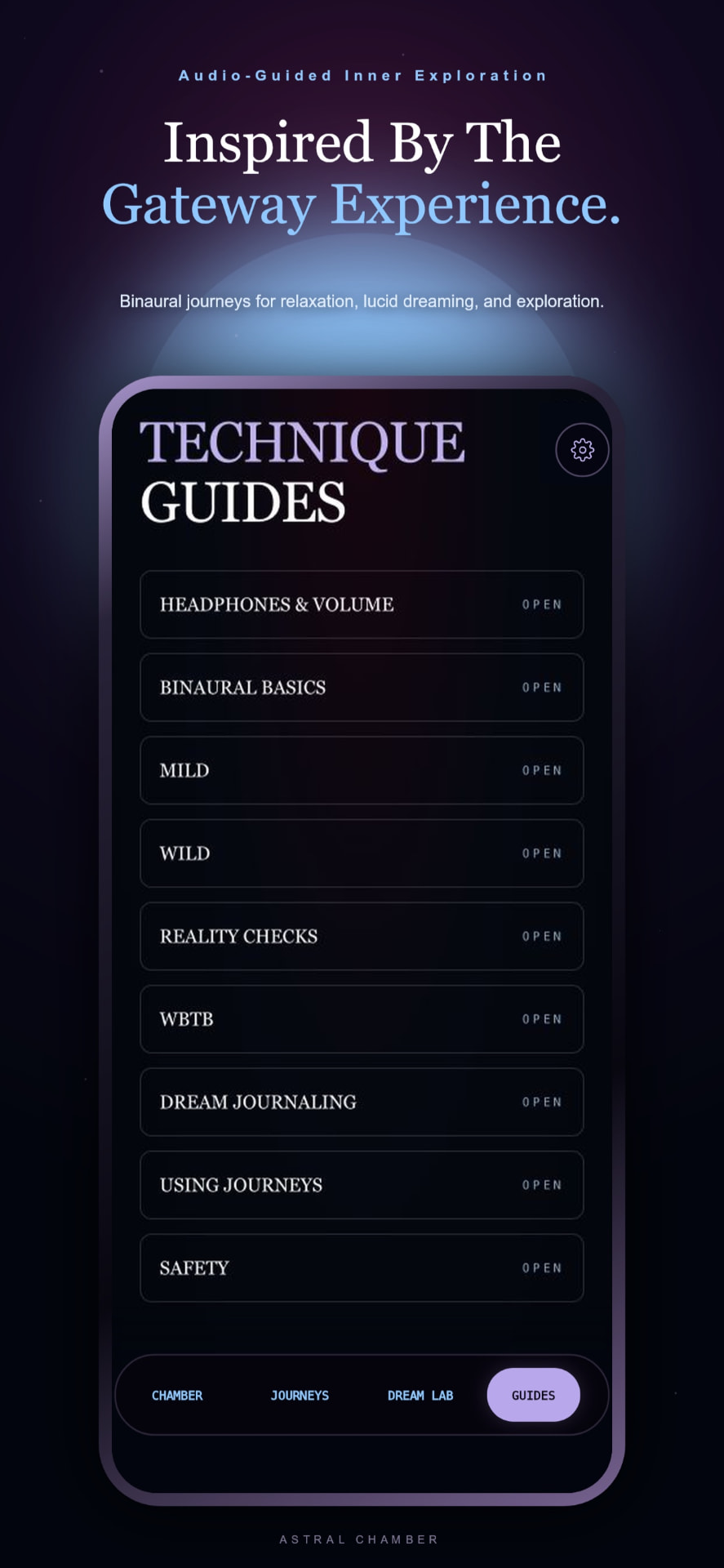 Astral Chamber technique guides screen with headphones, binaural basics and safety topics