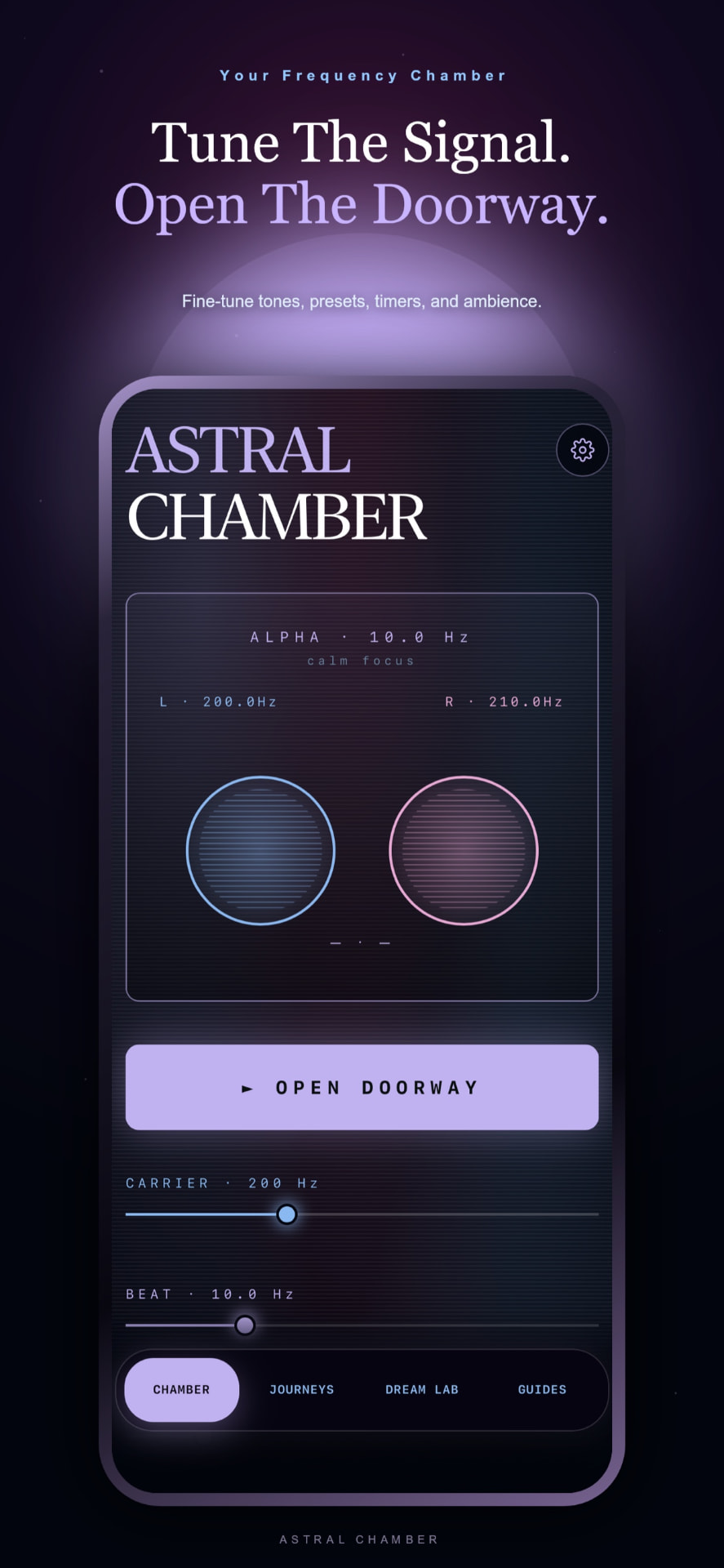 Astral Chamber app home screen with carrier and beat frequency controls